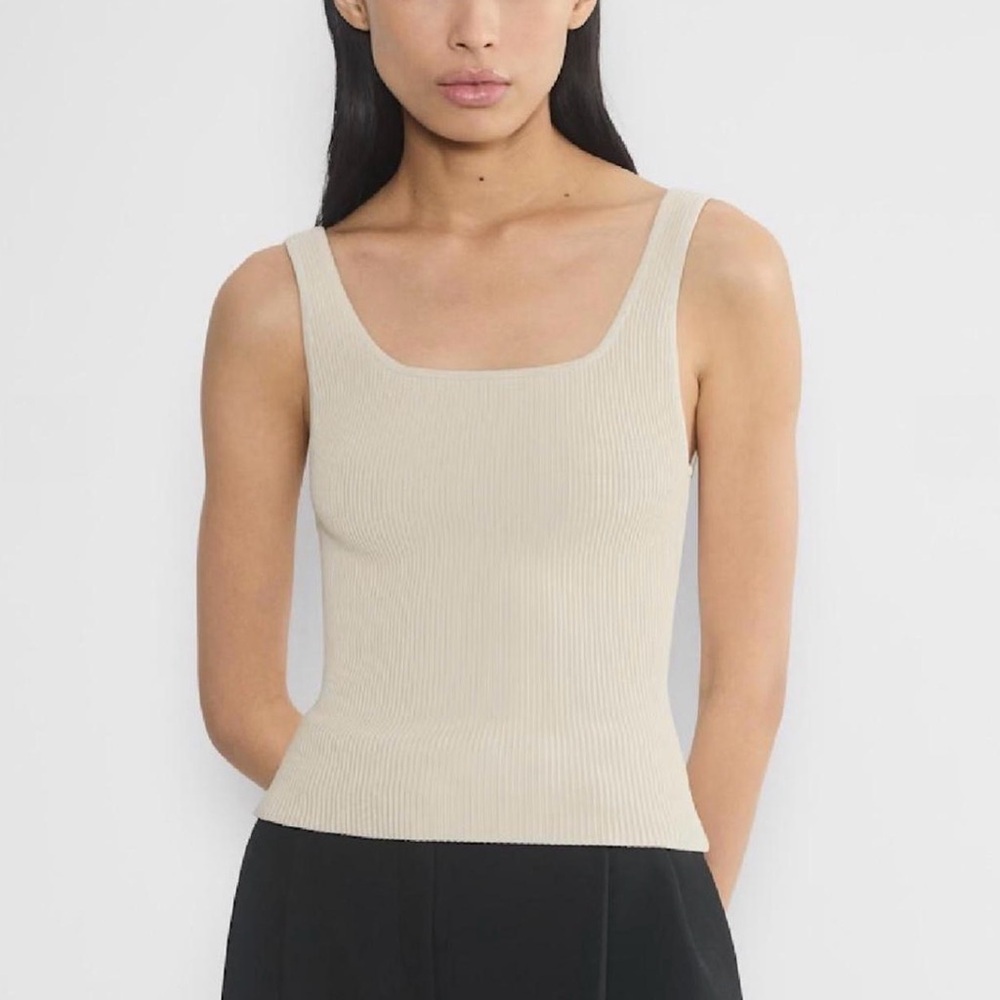 Aritzia Babaton Cream Sculpted Knit Ribbed Crop Tank Top, Beige Khaki Tan, sz XS